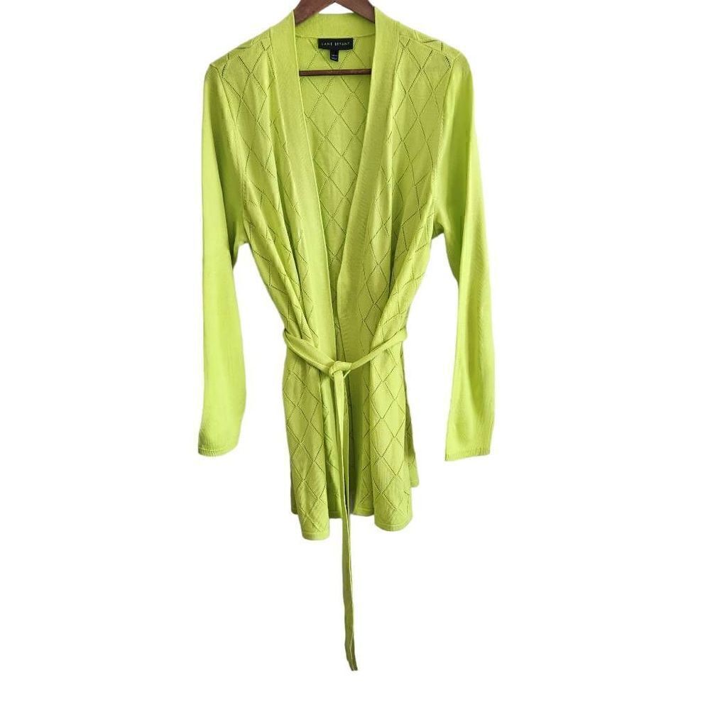Lane Bryant Cardigan Sweater Womens 18/20 Plus Size Belted Stitch Detail Lime Gr